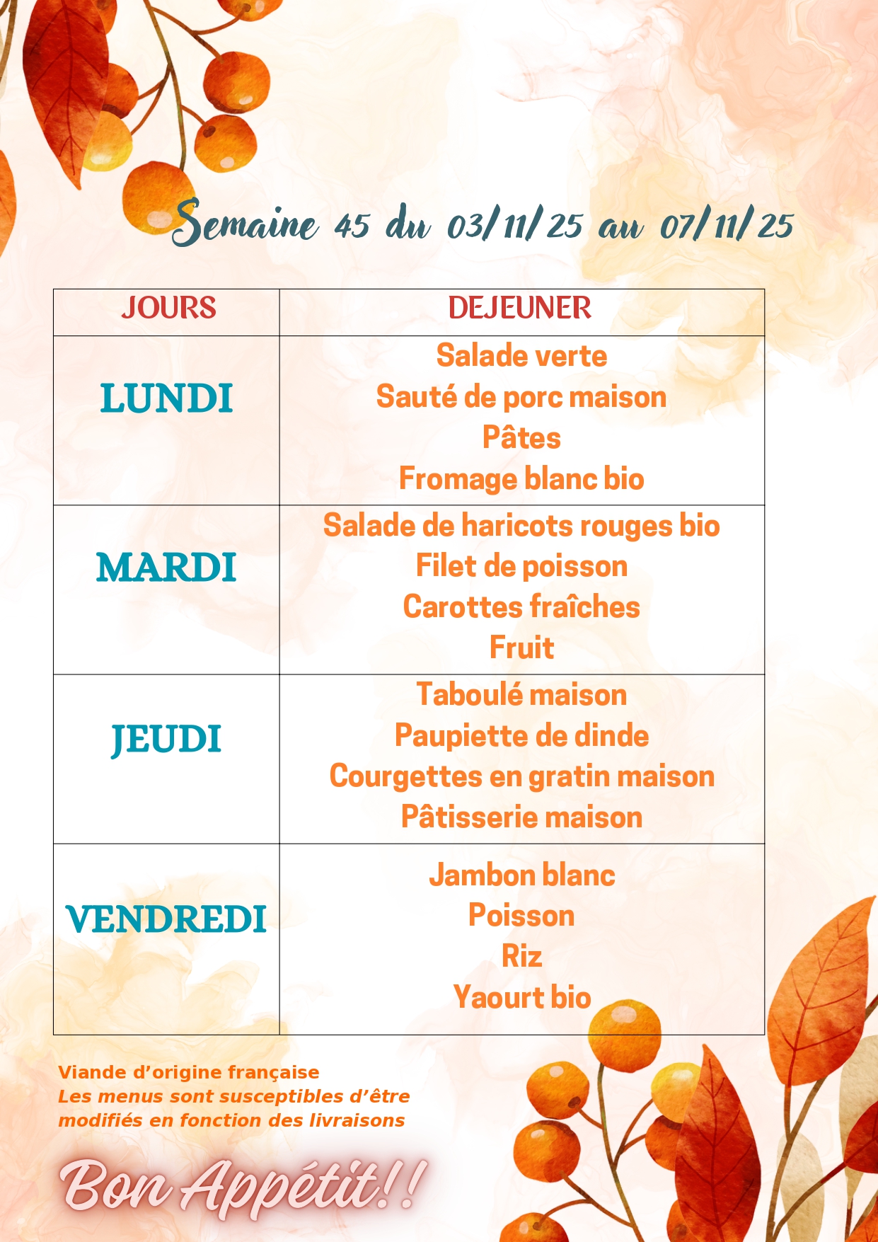 Menu semaine 45 / 2025